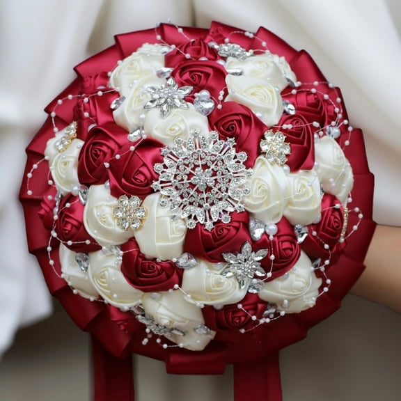 Bridal Wedding Bouquet Round Bling Brooch Bouquet Throw Toss Artificial Rose Flower Bunch for Bride Bridesmaid Wedding Quinceanera(Dark Red & Ivory, 8.5")