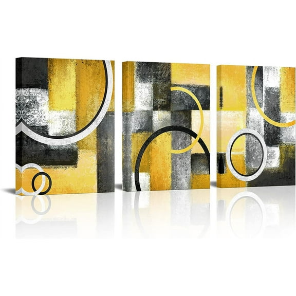 Yellow and Grey Abstract Geometric Circle Canvas Wall Art Rustic Lemon Yellow Prints Artwork for Living Room Bedroom Wall Decoration