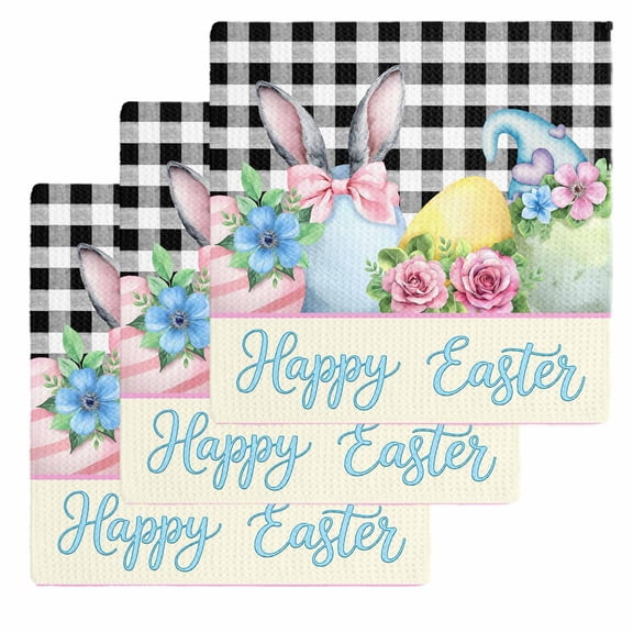 Easter Kitchen Dish Towels for Drying Dishes Set of 3, Spring Watercolor Bunny Eggs Flowers Black Plaid Waffle Weave Microfiber Hand Tea Bathroom Towels Quick Dry & Absorbent Towel 12x12