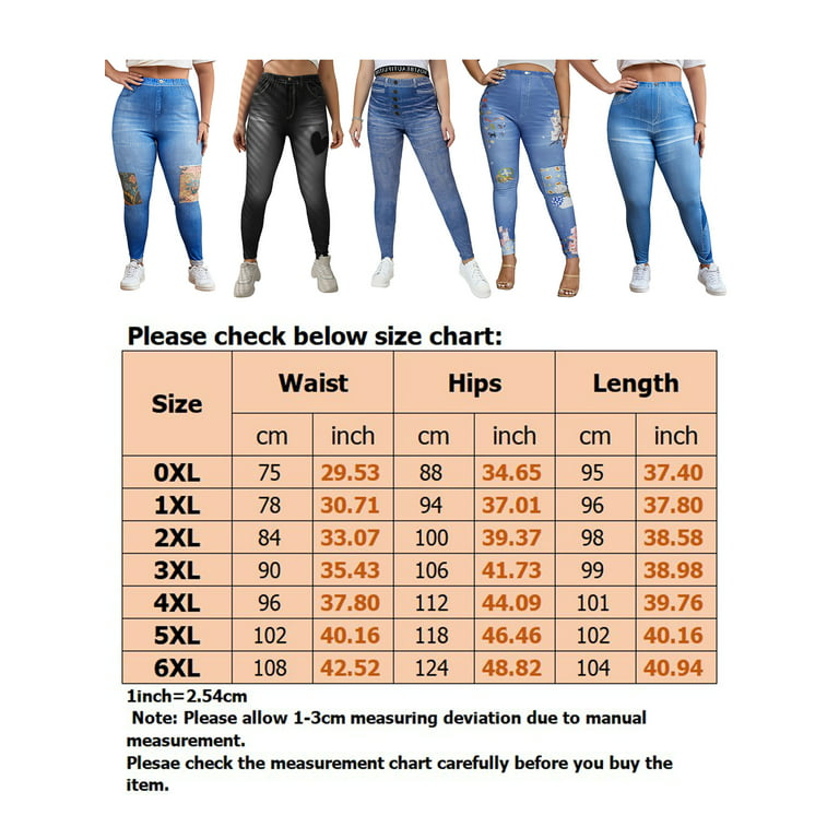 Paille Ladies Plus Size Look Print Leggings Heart Fake Jeans Oversized  Printed Denim Jeggings Tight Workout Trousers Blue Print 5XL