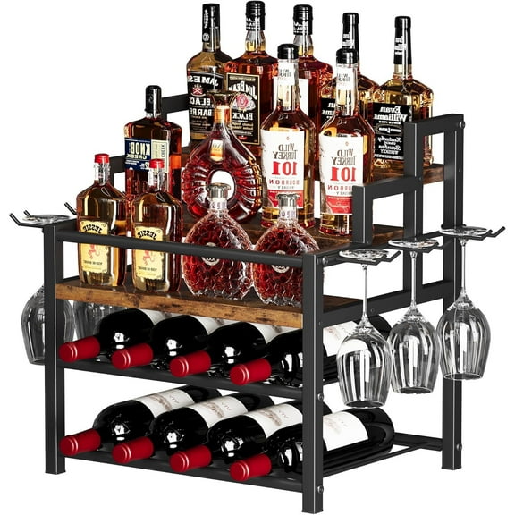 5-Tier Liquor Bottle Display Shelf, Holds up to 20 Bottles, Countertop Wine Racks with 6 Wine Glass Holders, Mini Wine Bar Cabinet for Home, All in One Coffee Syrup Whiskey Organizer