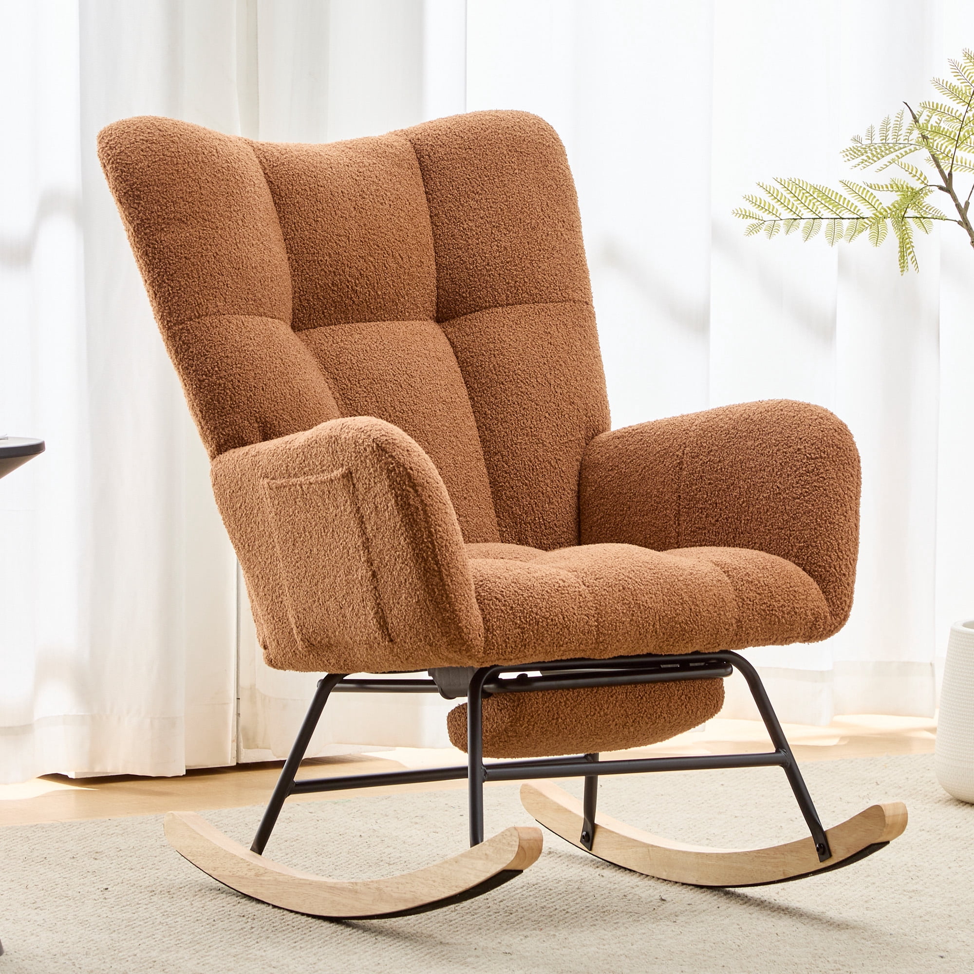 Teddy Fabric Wingback Glider Rocker & Ottoman Set, Nursery Nursing Rocking Chair with Side Storage Pocket, Smooth Gliding Motion, Safe Solid Wood Base, Comfy Accent Chair for Living Room,Brown.