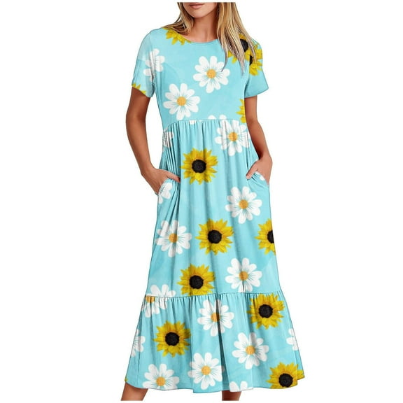 Wycnly Summer Dresses for Women Sundresses for Women Loose Flowy Pleated Swing Tunic Maxi Dresses with Pocket Ladies Casual Daisy Print Crewneck Short Sleeve Long Dresses