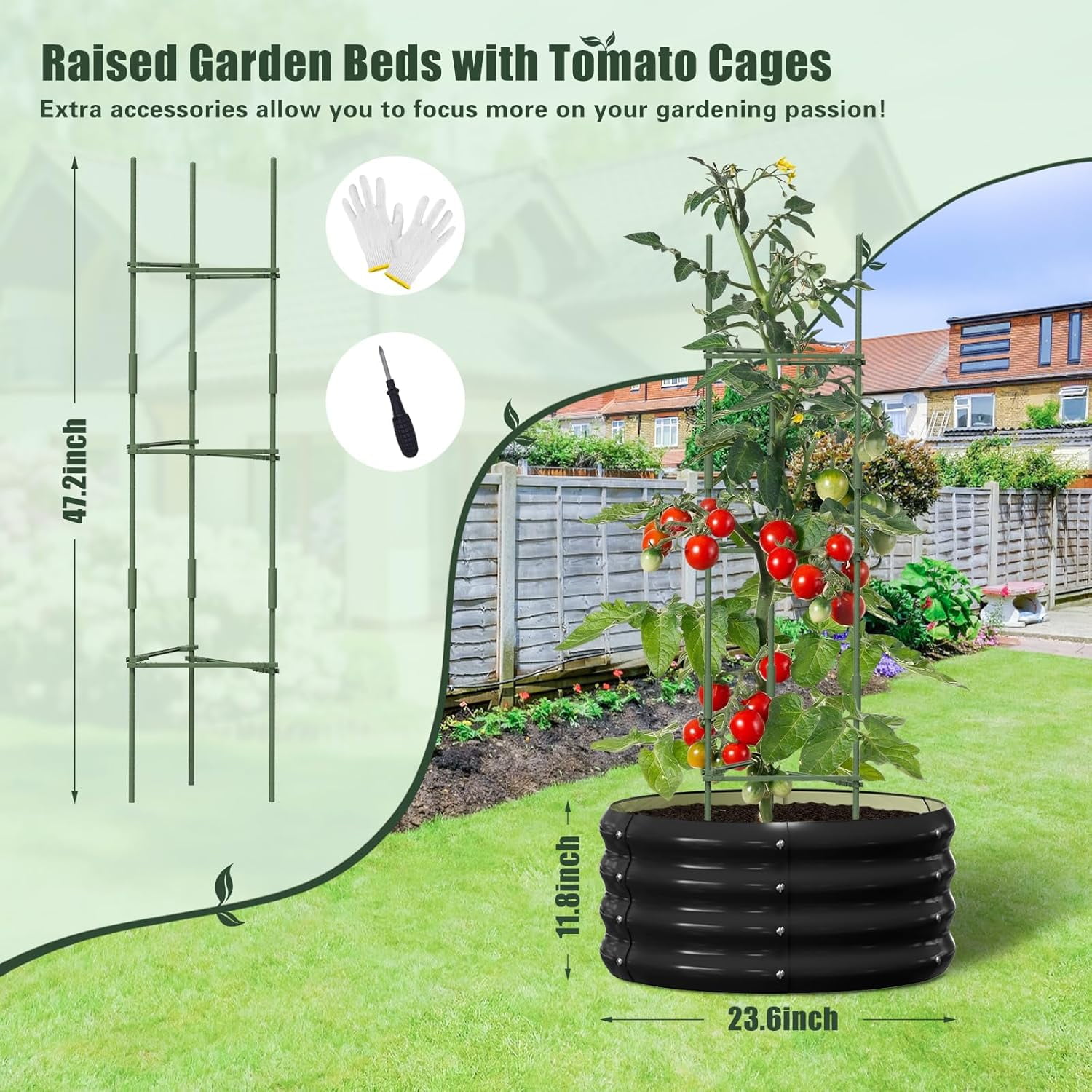 3 Pcs 24x24x12in Round Galvanized Raised Garden Bed Kit with 47"H Tomato Cages, Outdoor Metal Planter Box Raised Garden Beds for Gardening Vegetables Flowers, Black