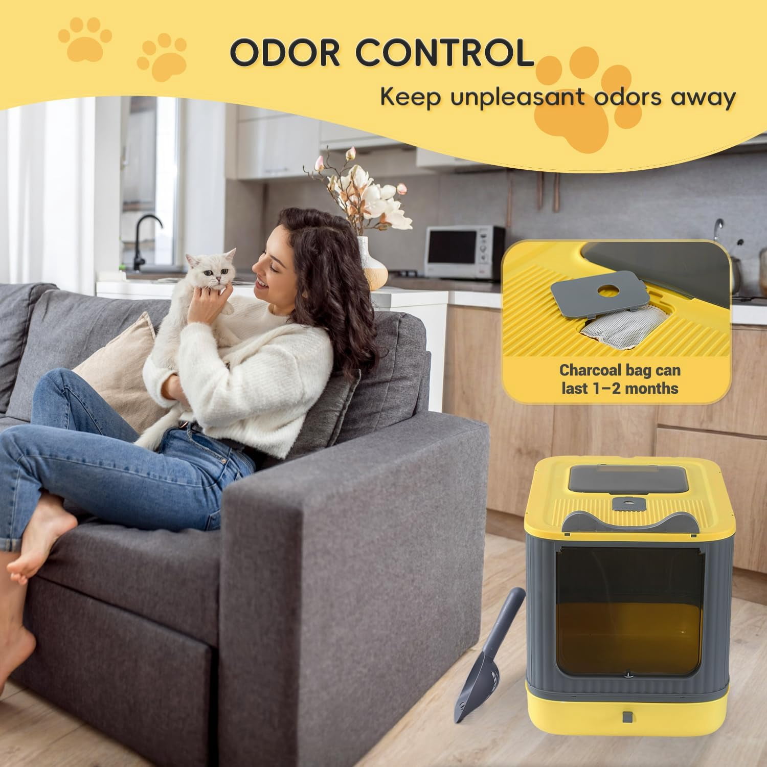 LCZLBRRD Foldable Cat Litter Box for Kitten to Adult Cat, Fully Enclosed with Scoop, Odor Control, Yellow & Grey