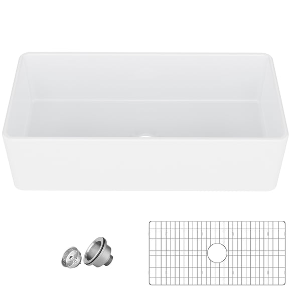 30/33/36 Inch Farmhouse Sink, White Kitchen Sink, Single Bowl, with Accessories 2 Types, for Kitchen, Bottom Grid and Strainer Drain