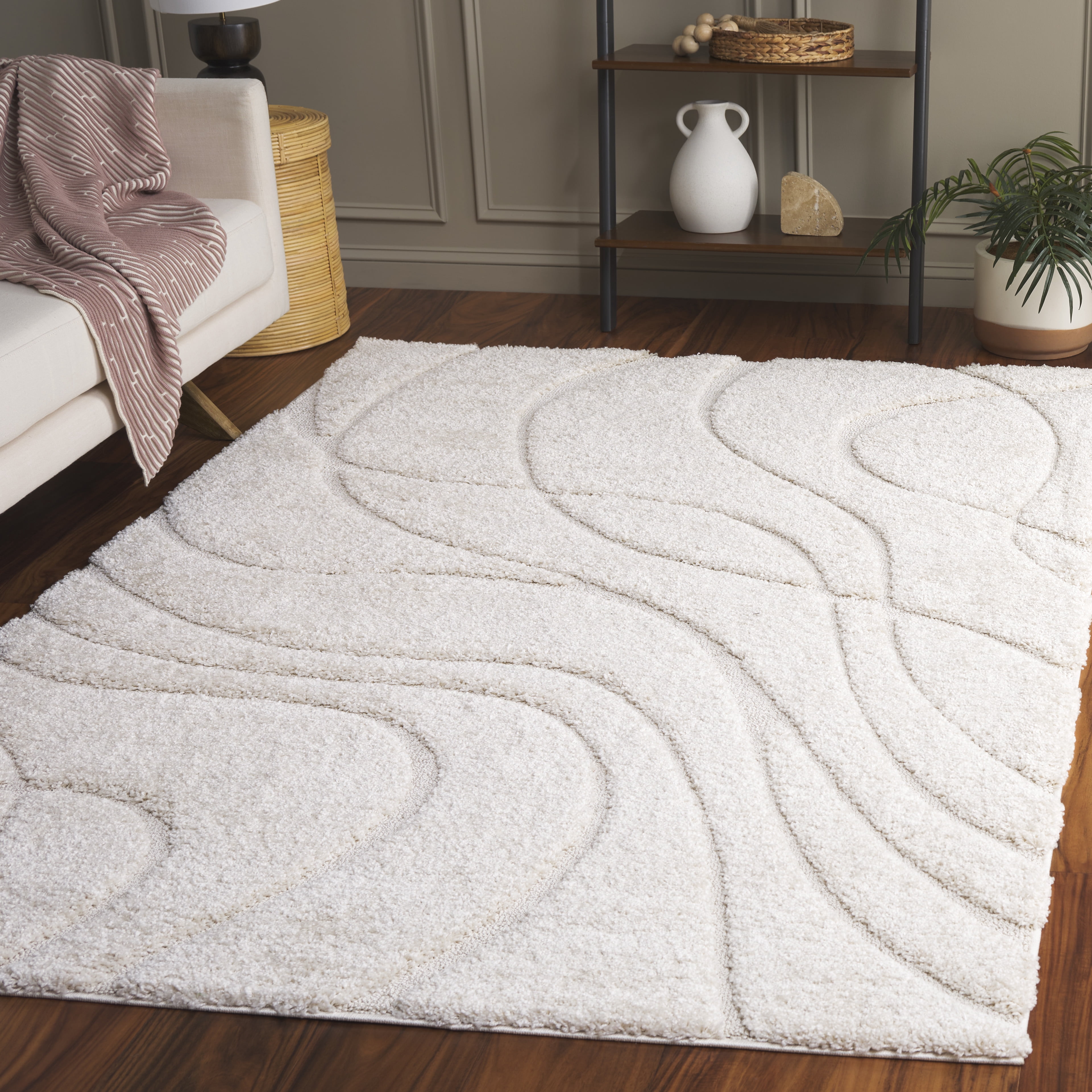 SAFAVIEH Florida Kalina Damask Shag Area Rug, Cream, 9'6" x 13'