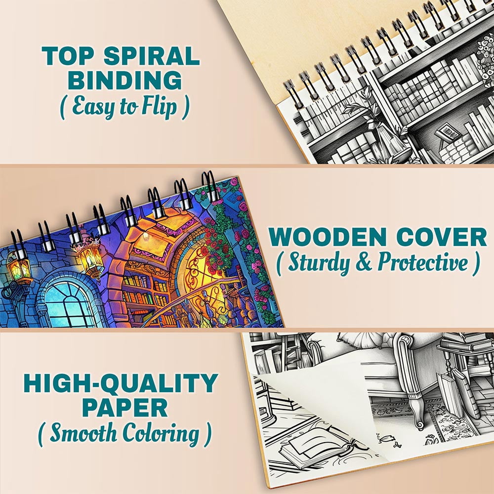 Netecom Enchanted Library Coloring Book for Adults, A5 Wooden Cover, 30 Enchanting Coloring Pages of Mystical Books and Shelves for Stress Relief and Relaxation, Spiral Bound Edition