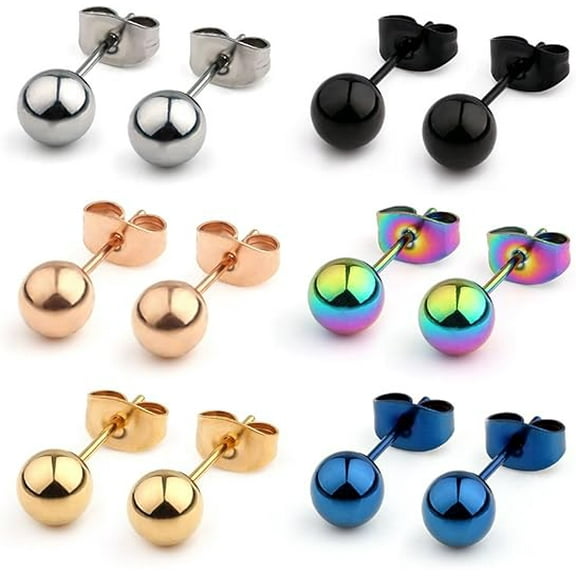 Cterwk 6 Pairs Stainless Steel Earring Round Ball Stud Earrings Set for Women Men, 3MM