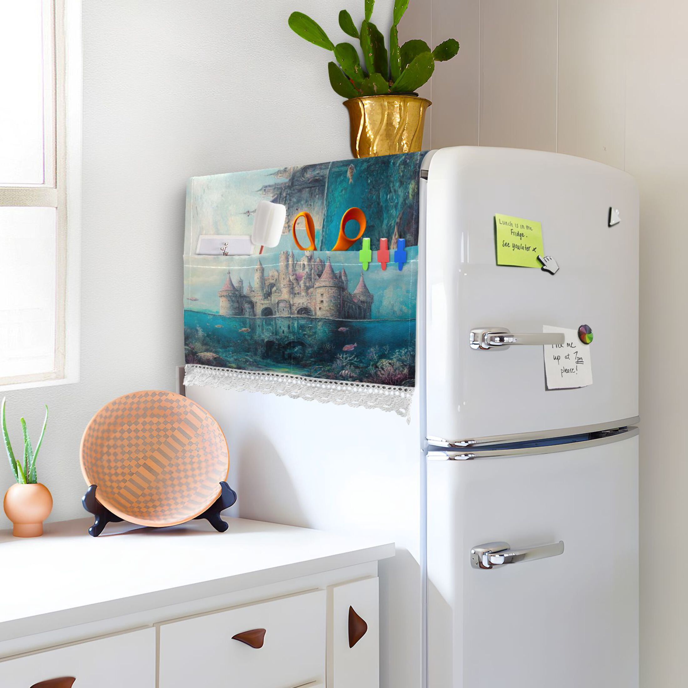 Seabed CastleWasher and Dryer Covers Dust-Proof and Oil Resistant Fridge Cover with 4 Storage Pockets Washing Machine Top Cover for Laundry Kitchen Home 51.2 x 22 In