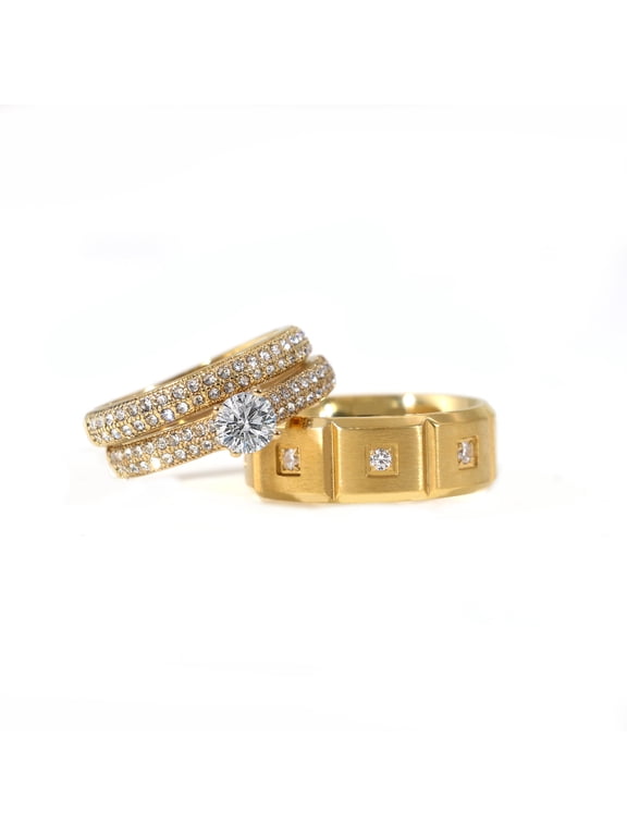 Couple Rings Matching Rings Yellow Gold Plated 1CT Round AAA CZ Women Wedding Ring Sets for Him and Her Rings Men Titanium Steel Wedding Band