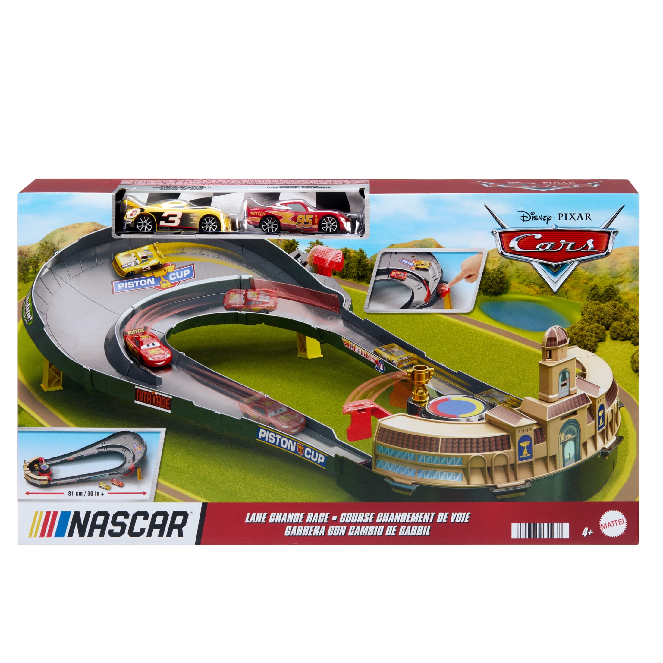 Disney and Pixar Cars NASCAR Lane Change Race Playset with 2 Toy Vehicles, Includes Lightning McQueen