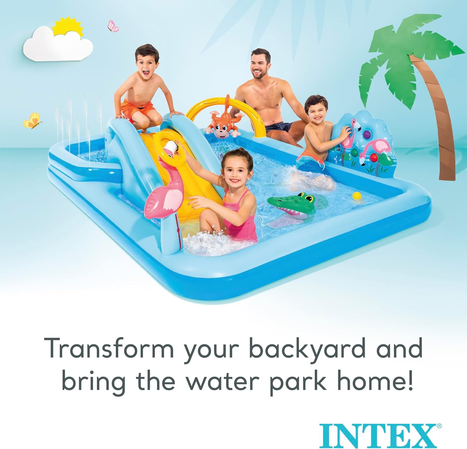 96" x 78" x 28" Inflatable Jungle Adventure Play Center Spray Kiddie Pool - Backyard Kids Water Slide, Outdoor Blow-Up Splash Pad for Toddlers