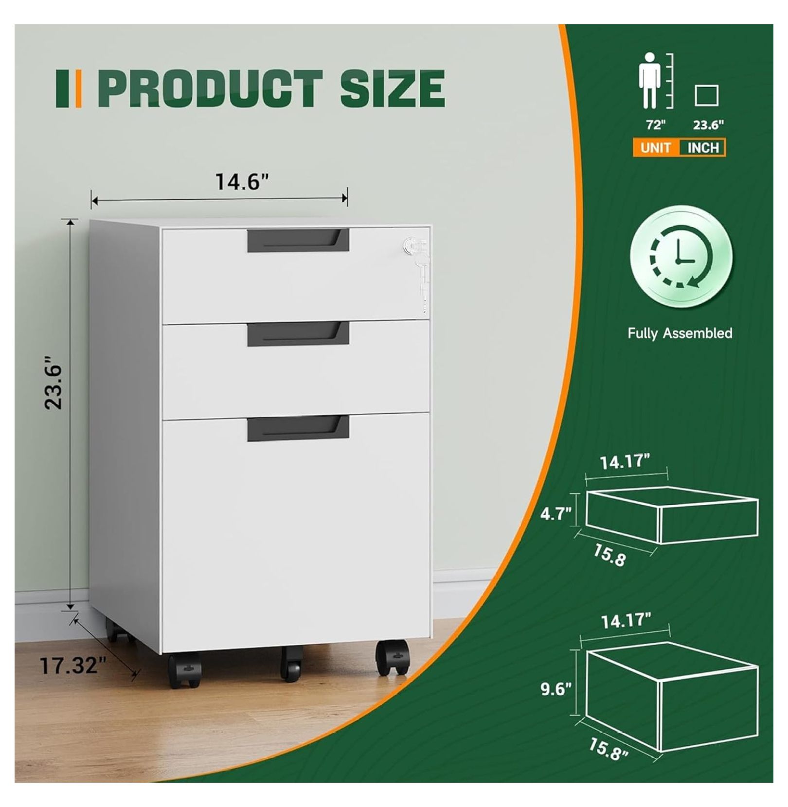WDZS 3 Drawer Mobile File Cabinet with Lock,Under Desk Metal Small Filing Cabinets for Home Office Organizer Letters/Legal/A4(Fully Assembled Except Wheels-White)