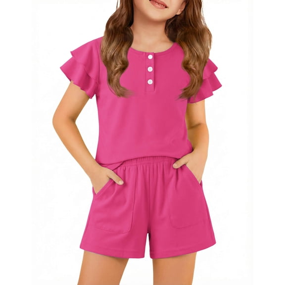Arshiner Girls Summer Outfits 2 Piece Sets Ruffle Short Sleeve Button Down Shirts and Shorts Set Kids Clothes with Pockets