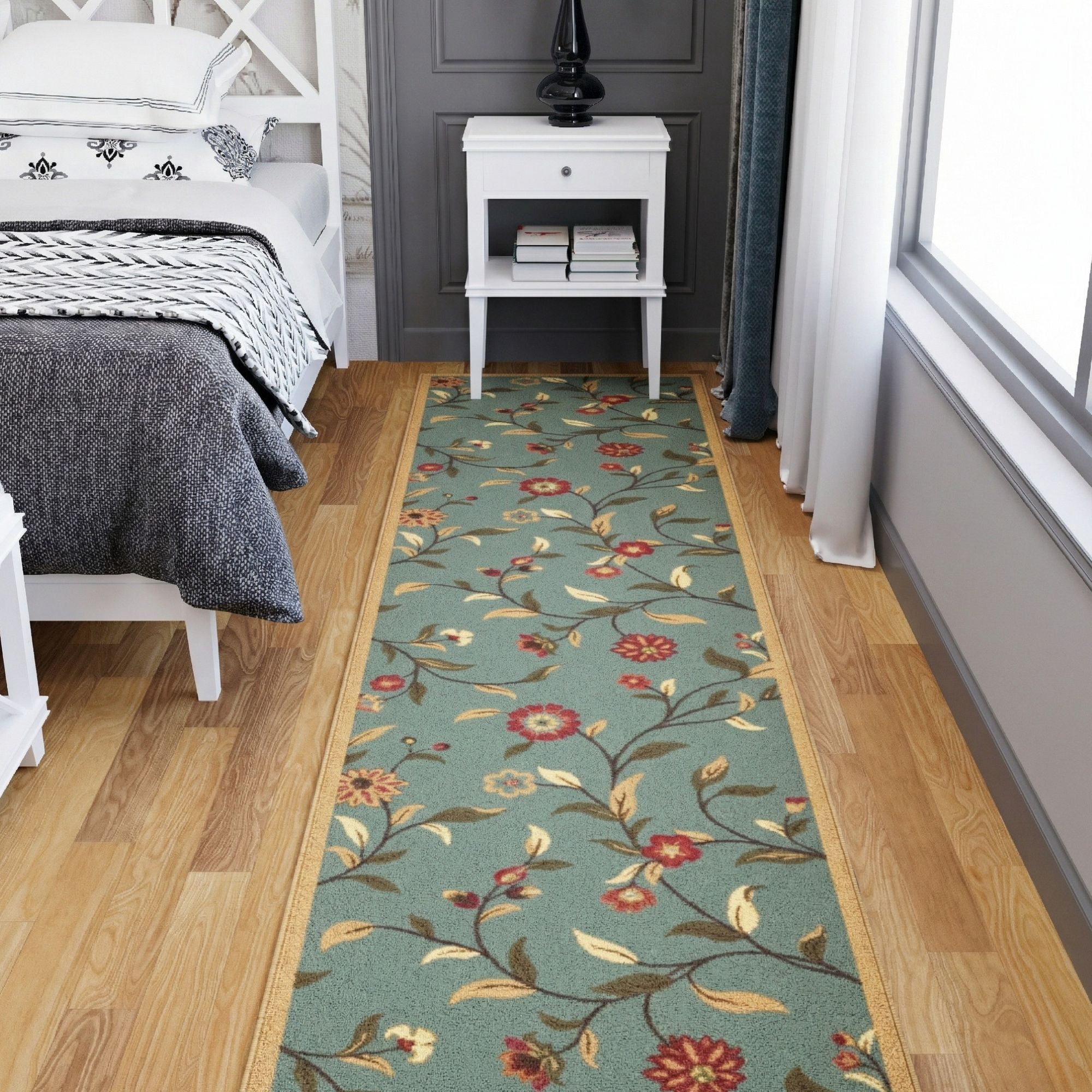 Ottomanson Extra Long Runner Rug 2'7" x 13' – Non-Slip Low Pile Hallway Carpet, Floral Seafoam Green