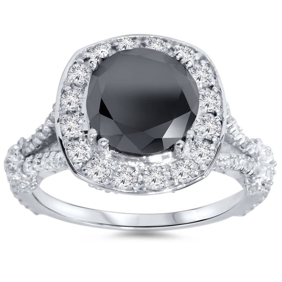 Pompeii 4ct Black Treated Diamond Cushion Vintage Engagement Ring 14K White Gold