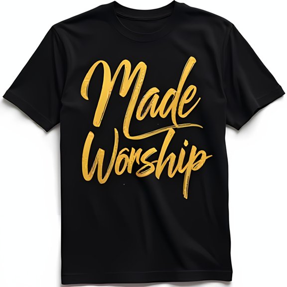 Bold Black T-Shirt with Made to Worship Gold Design Faith Statement Tee