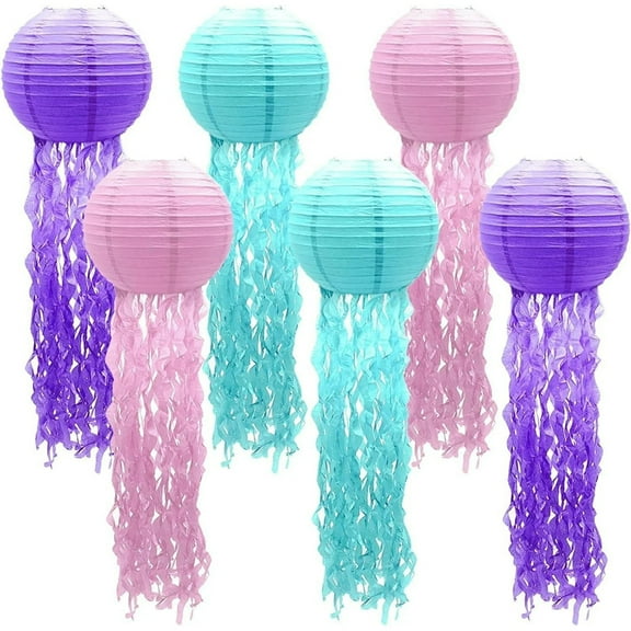 Jelly Fish Decoration,10 inch Jellyfish Paper Lanterns,Mermaid Birthday Decorations,Hanging Lantern for Baby Shower Theme Under The Sea Ocean Party Decorations (Pack of 6)
