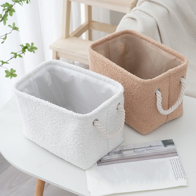 Cesta decorativa de forro polar ruelo – Contenedor organizador de tela suave con cuerda de transporte, blanco/caqui, 11,8x7,8x8,2 pulgadas, lavandería versátil y almacenamiento en casa