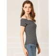 thumbnail image 4 of Allegra K Camisa Corto Con Hombros Descubiertos Y Mangas Cortas Ajustadas Blanco Negro Para Mujer Rayas negras XL, 4 of 6
