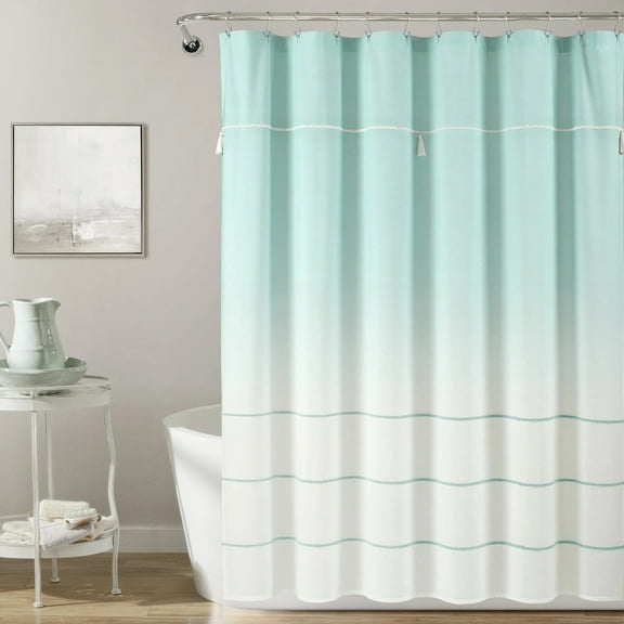 Ombre Embroidery Tassel Cotton Shower Curtain Aqua Single 72X72
