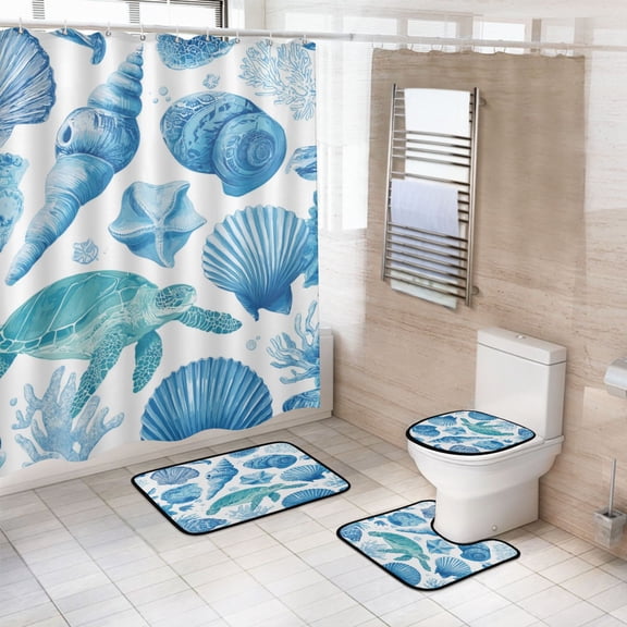 4-Piece Bathroom Set with Waterproof Shower Curtain with Non-Slip Bath Mat, U-Shaped Mat & Toilet Lid Cover Marine Organismsd