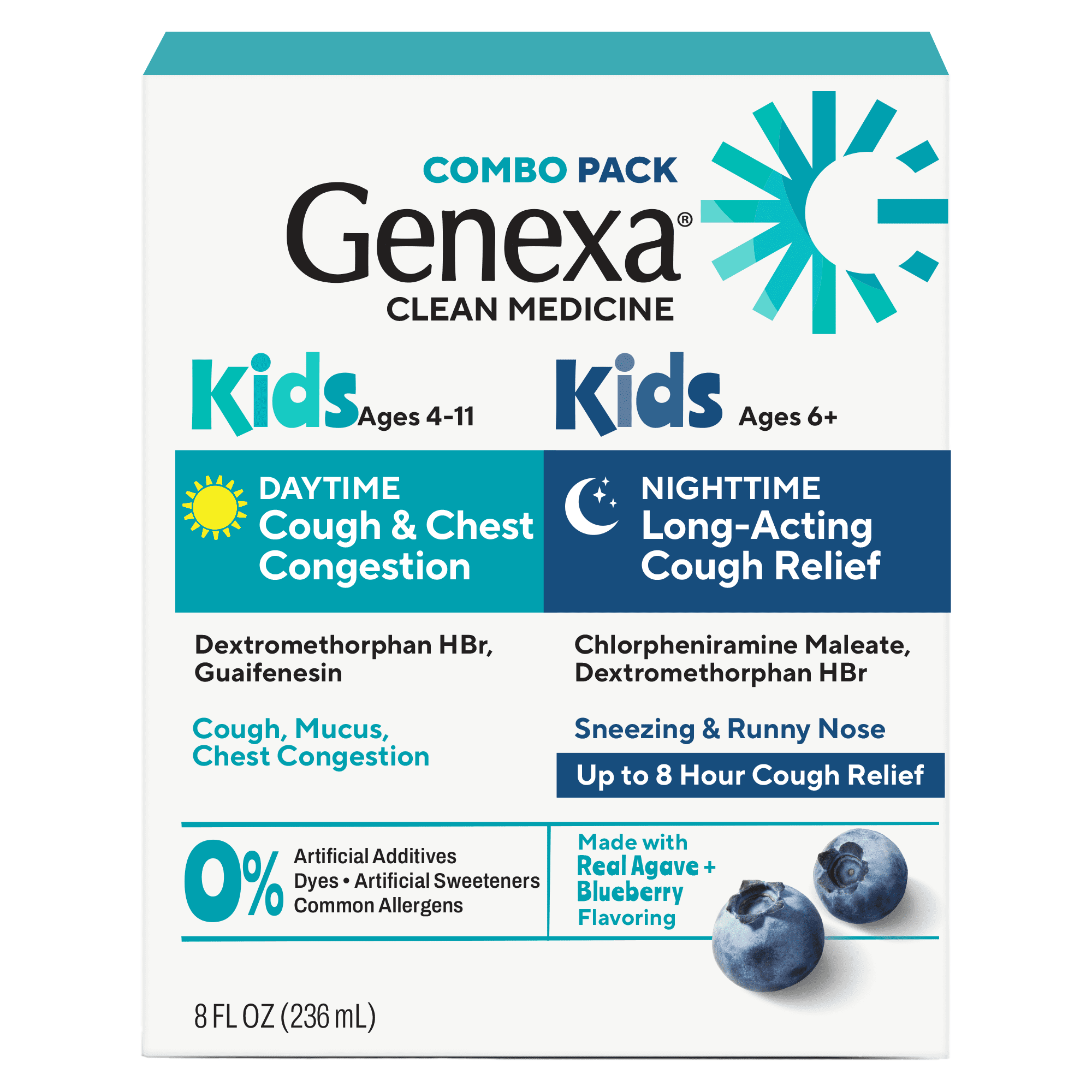 Genexa Kids' Day & Night Cough Combo Pack, Kids 6+, Blueberry Flavor, 4 fl oz
