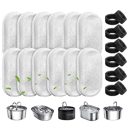 Cat Water Fountain Filters,12 Pack Pet Replacement Filters with 12 Sponges for Stainless Steel 67oz/2L,108oz/3.2L and 135oz/4.0L Faucet-Shaped Pet Water Fountain Dog Water Dispenser