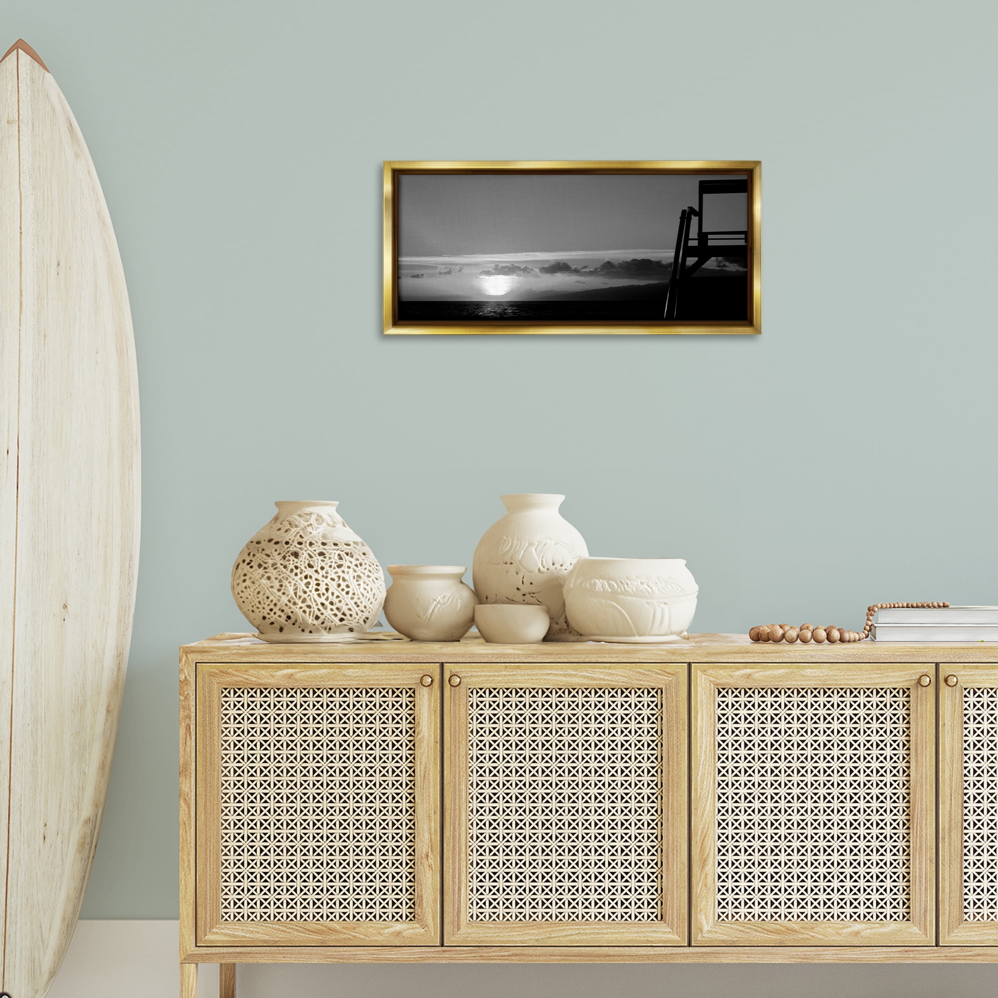Stupell Industries Sunlit Lifeguard Station Landscape & Nature Photography Gold Floater Framed Canvas Art Print Wall Art, 31 x 14
