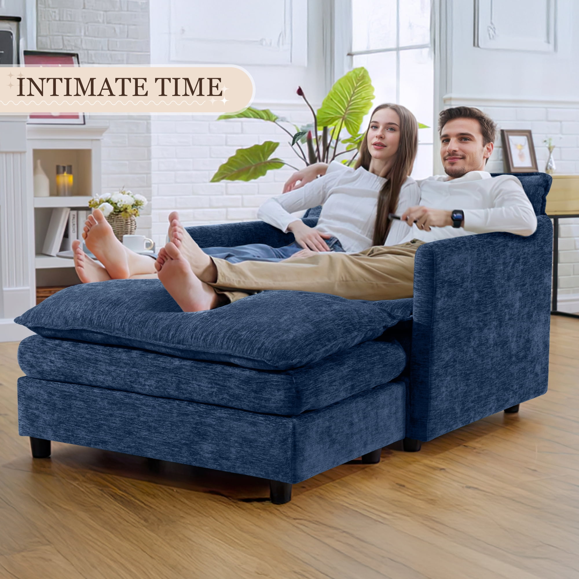 Lunale Oversized Chair with Ottoman, Reading Accent Armchairs for Living Room, Bedroom, Blue Chenille