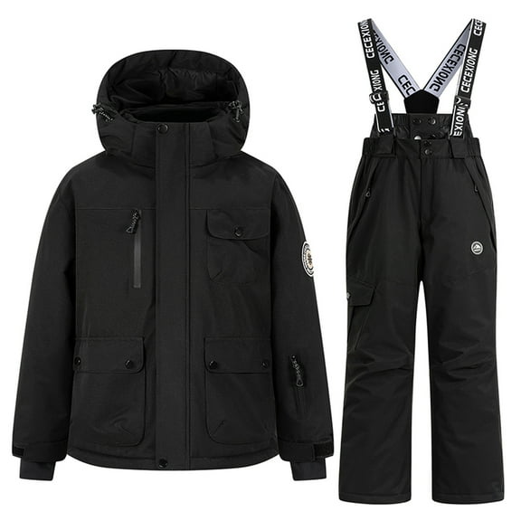 Toddler Winter Jacket Waterproof Girl New Children's Winter Thick Waterproof Windproof and Warm Hooded Long Sleeved Top   Suspender Ski Pants Two-Piece Set for Kids Style B-12 Black 11-12 Years