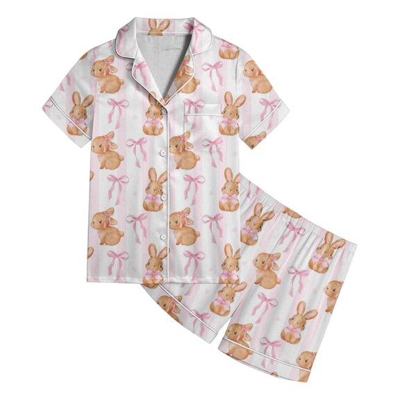JIAYUE Girls Kids Pajama Set Stain Breathable Pattern Print Short Sleeve Notched Collar Button Tops With Shorts Loose Fit Two Piece Sleepwear For Home Daily Bedtime Loungewear,4-5 Years