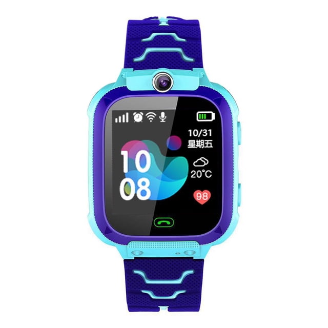 reloj inteligente niños pantalla táctil ubicación fotografía teléfono azul reloj inteligente para niños frontal con pantalla táctil a color 1.44" (240x240), carcasa ABS azul claro, correa de silicona multicolor con predominio azul, cámara frontal encima de la pantalla y iconos de llamada, batería y fecha visibles; compatible con tarjeta SIM 2G. Suele usarse también como reloj educativo para prácticas de rutina.