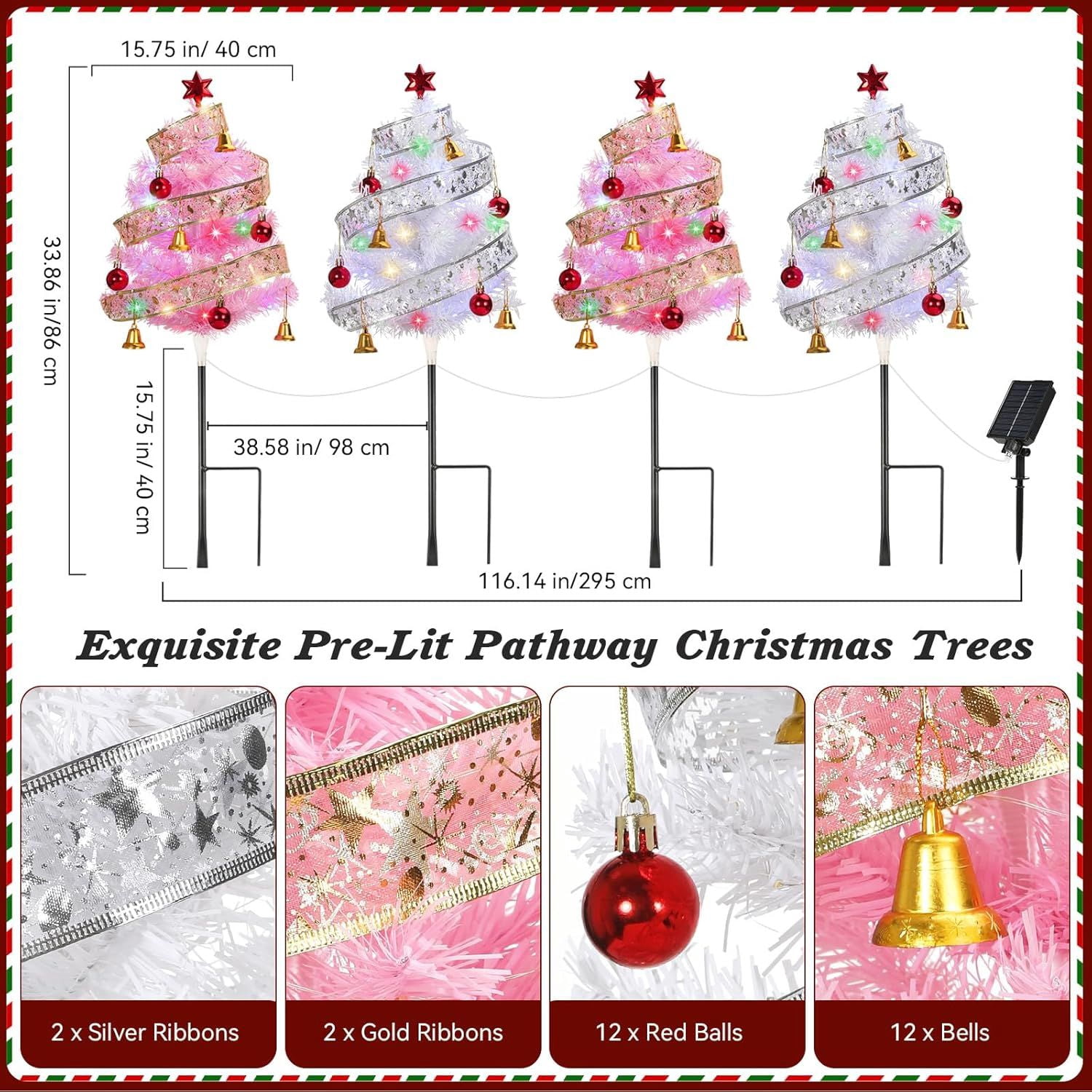 Set of 4 Prelit Pathway Christmas Trees, 33.86" Outdoor Xmas Tree with Twining Ribbons, Red Balls and Bells, Solar and Type-C Powered Xmas Decor for Yard Home Porch