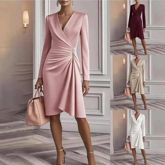 Oksale Sexy V Neck Dresses for Women 2025 Wedding Guest Birthday Dress Elegant Formal Waisted Wrap Fall Dresses Mini Dress for Holiday Party Khaki S