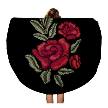 Embroidered Beach Towels SIDONKU 60 inch Round Beach Towel Blanket Pattern Embroidered Red Roses Flowers and Green Leaves Floral Travel Circle Circular Towels Mat Tapestry Beach Throw ()