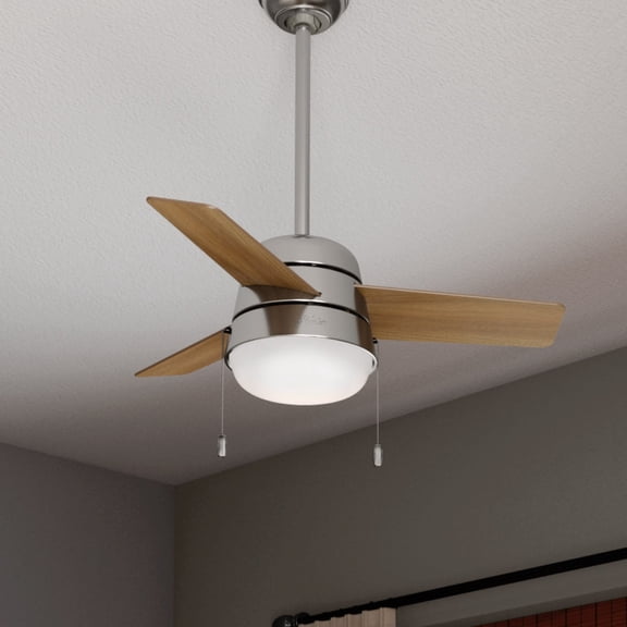 Hunter 36 inch Small Indoor Ceiling Fan with LED Light and Pull Chain - Modern Ceiling Fan, Standard Mount, 3 Blades, For Bedroom, Home Office, or Laundry Room, Quiet - Aker 59303, Brushed Nickel