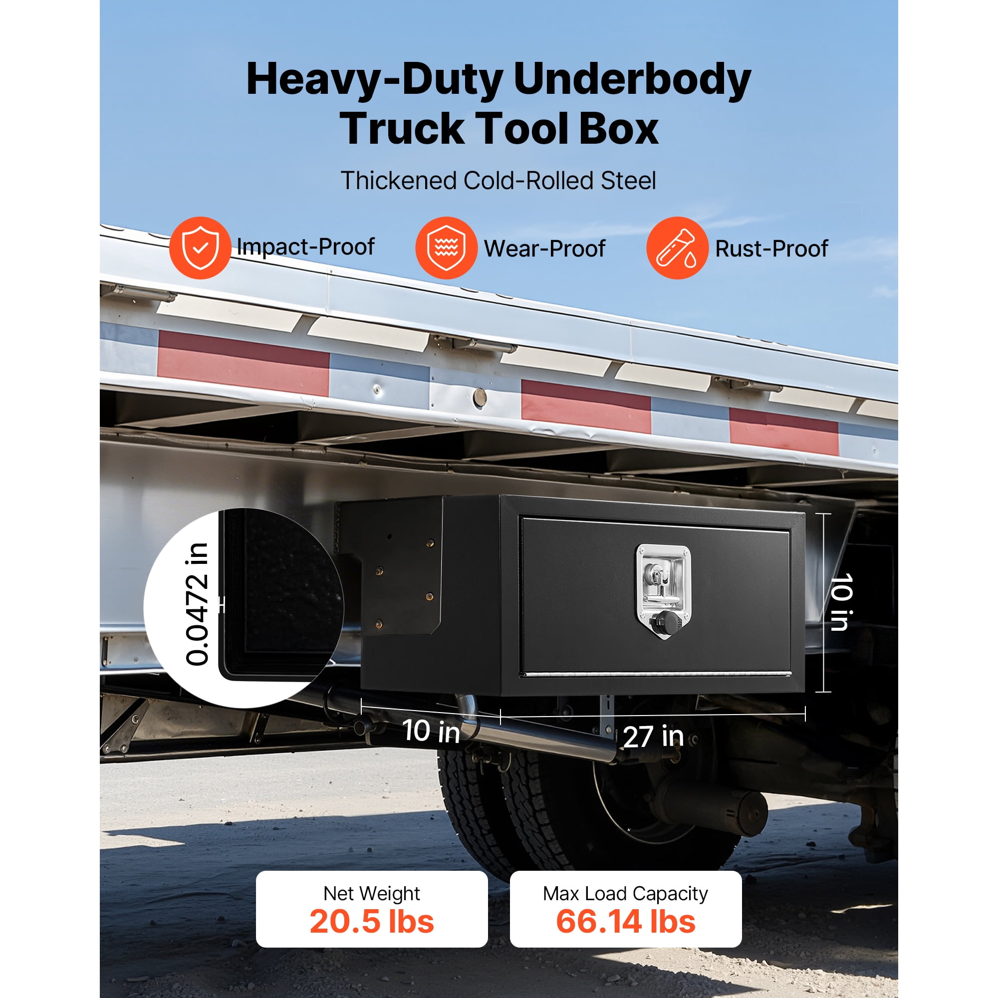 KFFKFF 27 x 10 x 10 Inch Steel Underbody Truck Tool Box, Durable Trailer Storage Chest with Lock & Keys, Weather-Resistant Organizer with T-Handle for Trucks, Vans, SUVs, Black