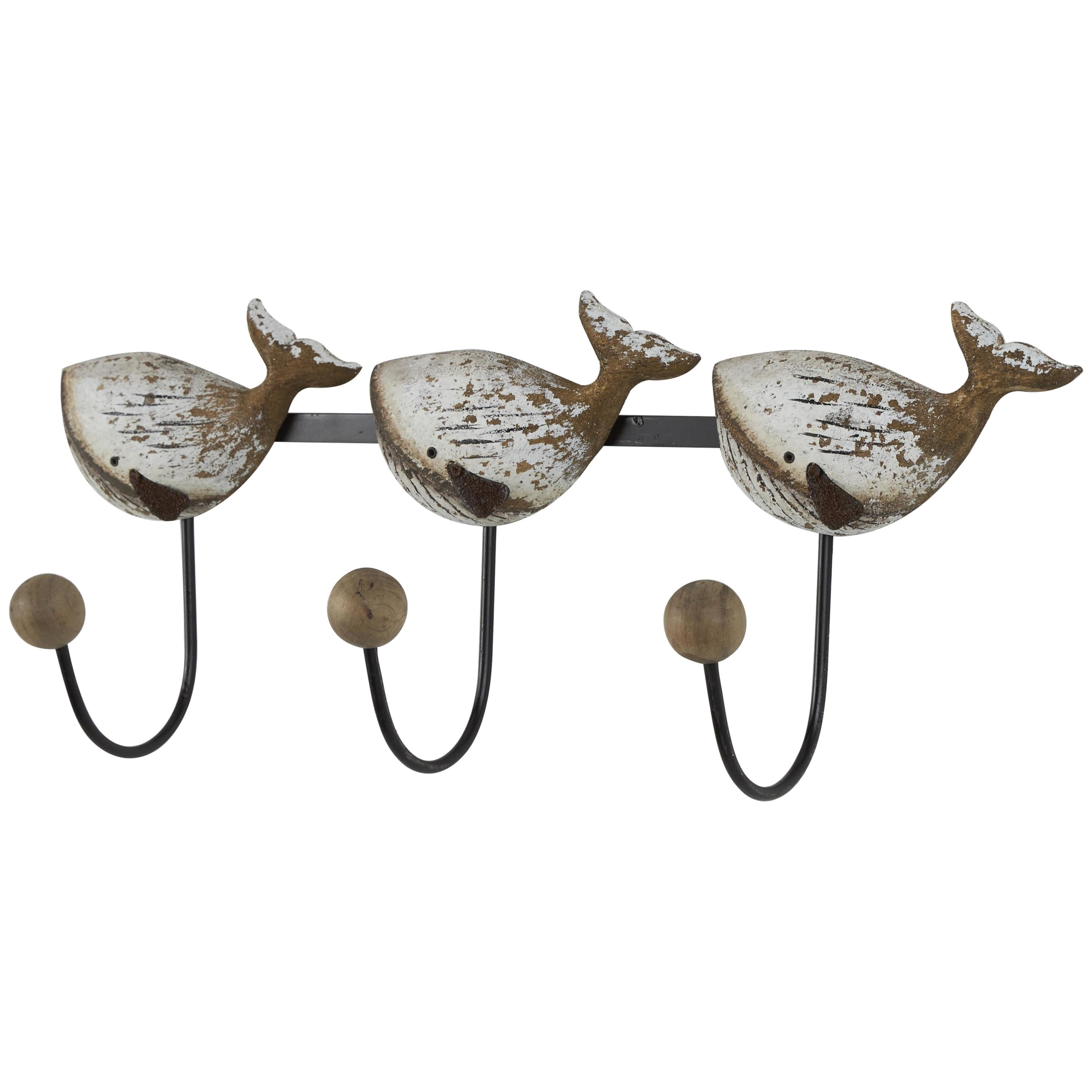 DecMode 18" x 8" Beige Wood Handmade Distressed 3 Hanger Whale Wall Hook with Black Metal Accents and Wood Ball Details, 1-Piece