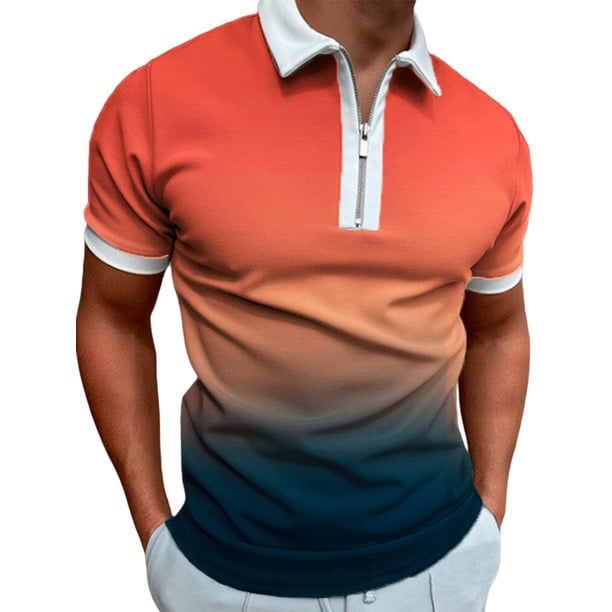 Txlixc - Polo de manga corta para hombre, cuello vuelto, diseño de patchwork, color degradado, con cremallera, informal Txlixc Estilo de ocio