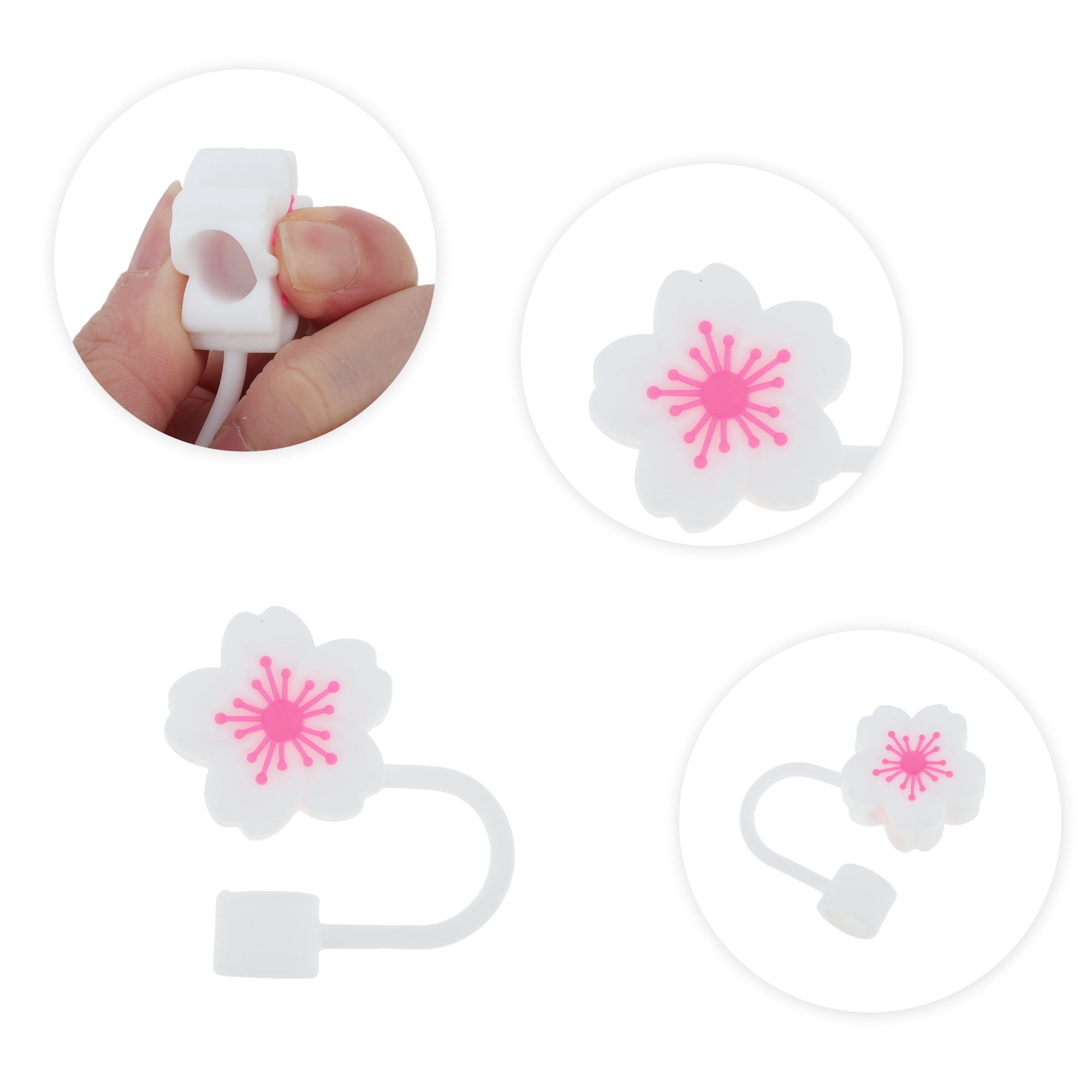 Unique Bargains 4Pcs Begonia Flower Straw Cover Cap For Cup Accessories White Rose Pink