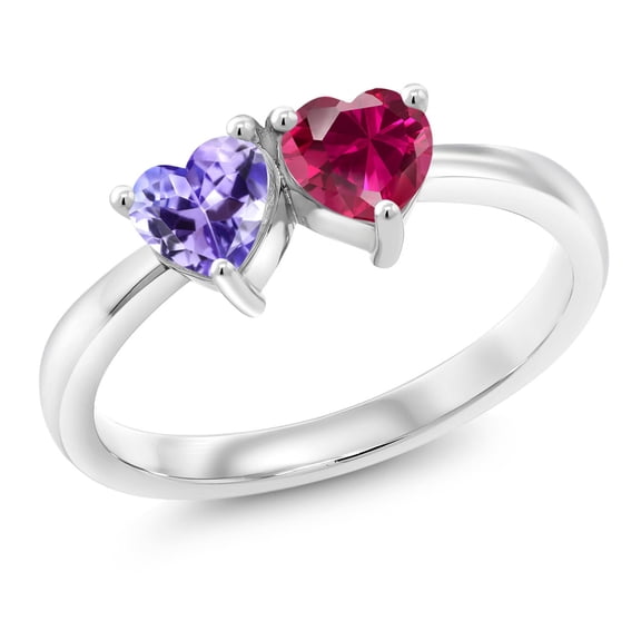 Gem Stone King 1.10 Ct Heart Shape Blue Tanzanite Red Created Ruby 925 Sterling Silver Ring (Size 8)