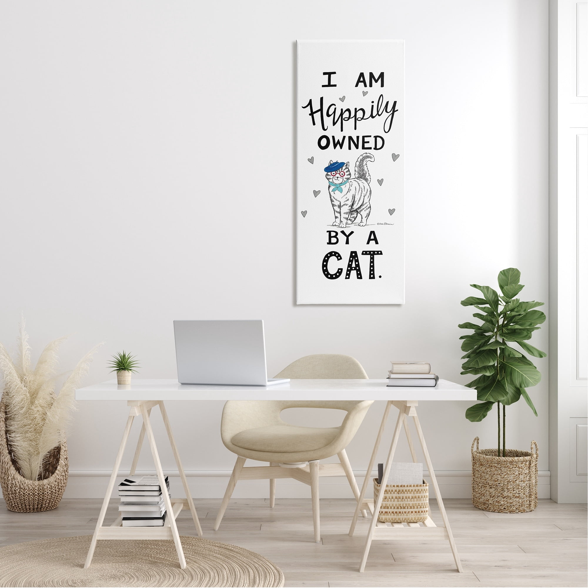 Stupell Industries Happily Owned By Cat Funny Phrase Feline French Beret Graphic Art Gallery-Wrapped Canvas Print Wall Art, 20x48, by Deb Strain