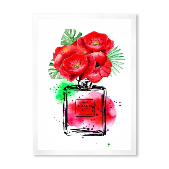 Designart 'Perfume Chanel Five With Red Flowers' Modern Framed Art Print