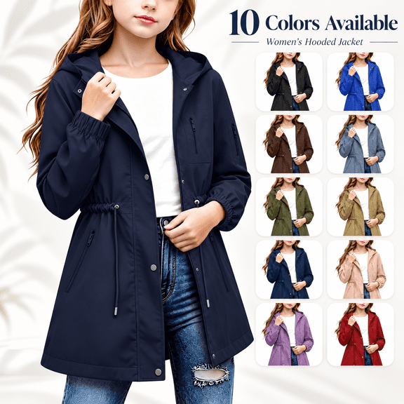 Girl's Zip up Hooded Rain Jackets, Drawstring Waist Long Sleeve Windbreaker, Lightweight Waterproof Rain Coat with Zip Pockets, 12-13 Years