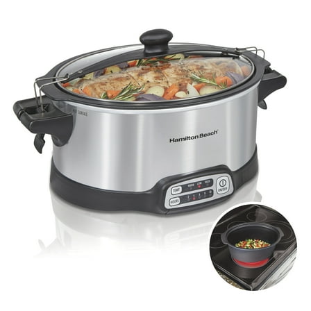 Hamilton Beach 6 Qt Sear & Cook Slow Cooker, Stovetop Safe Nonstick Aluminum Crock with Removable Pot, Stainless Steel