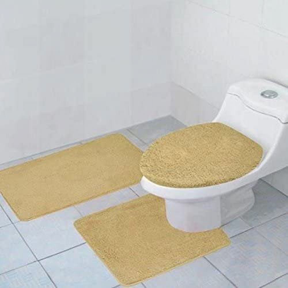 Kashi Home Tobin 3 Piece Non Slip Water Absorbent Bath Rug Contour Rug Lid Cover Mat Sets Microfiber in Beige