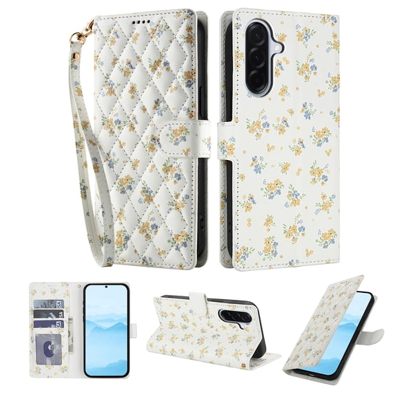 for Samsung Galaxy A17 5G Wallet Case with Wrist Strap, Women Girls Flower Pattern PU Leather Shockproof Protective Folio Cover with Card Holder Kickstand for Samsung Galaxy A17 5G, Pattern-D