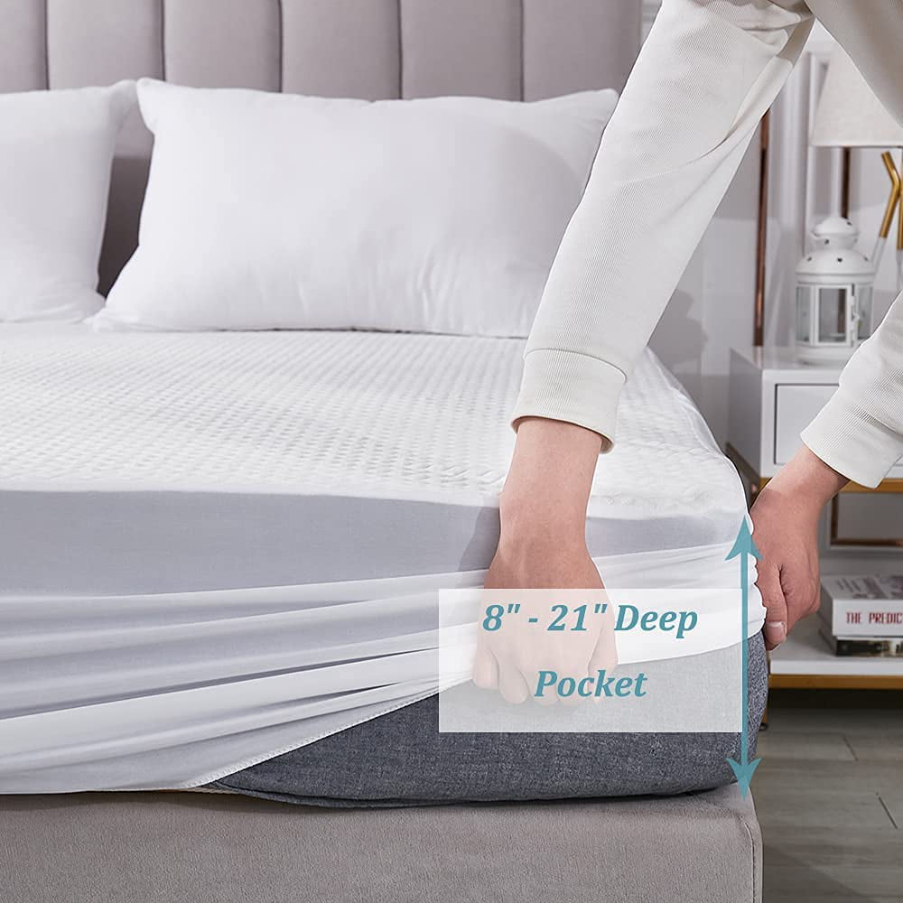 Cooling Cotton Terry Matress Protector Waterproof Noiseless Fitted Deep Pocket 